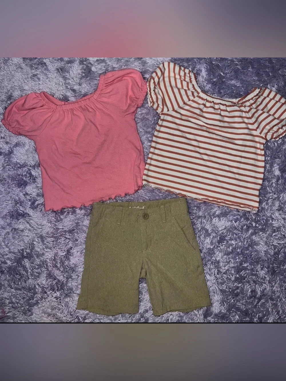 3- Piece Cat & Jack set Pink & Striped Puff Sleeve Tops + Olive Green Shorts 4T